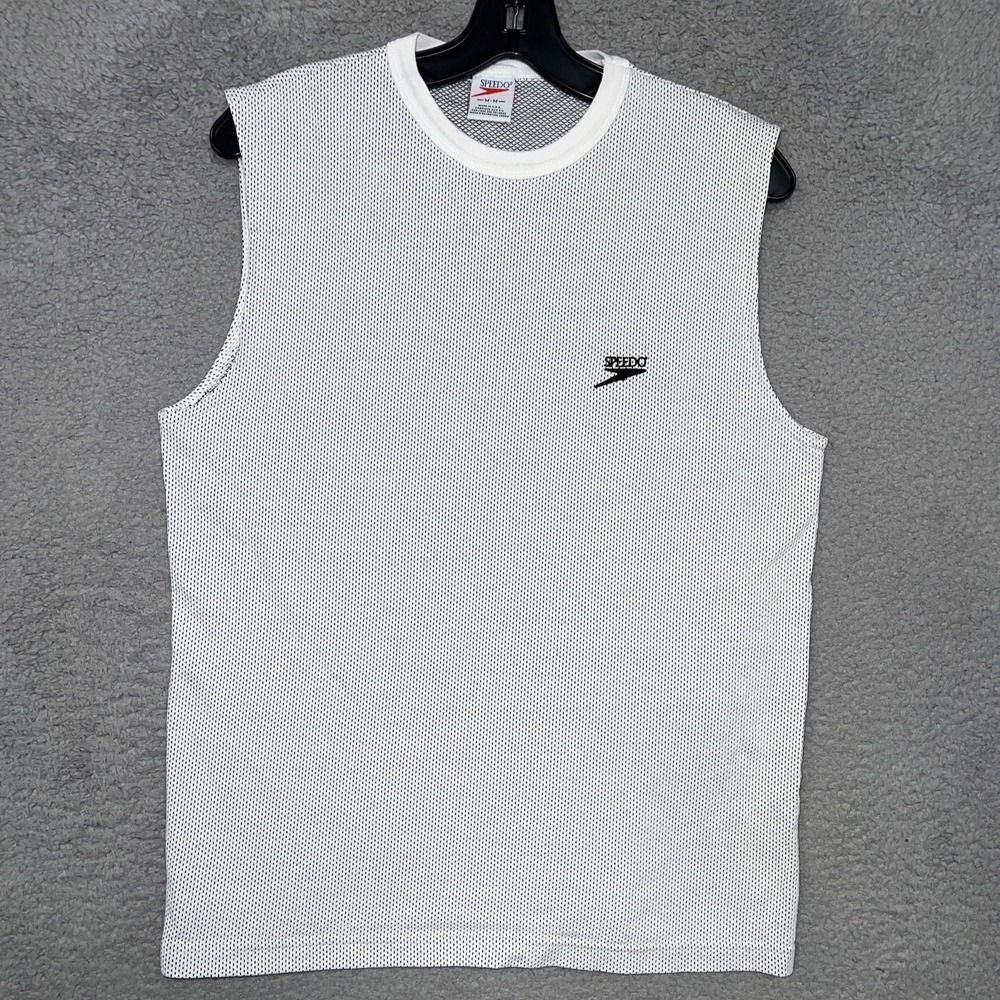 VTG‎ Speedo Tank Top Men's Sz M White Mesh Sleeveless Muscle Shirt USA Made 90s